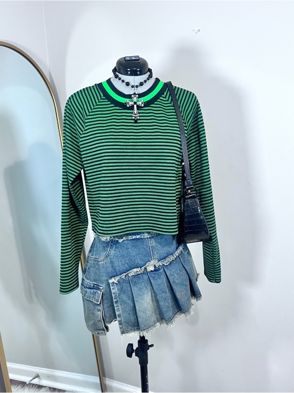 Future Collective Green and Black Striped Crop Sweater